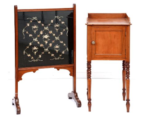 A Victorian mahogany pot cupboard, on turned legs, 82cm h; 38 x 38cm and a firescreen with embroidered banner Condition Repor