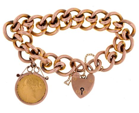 Gold coin. Sovereign 1880, mounted on a gold bracelet with gold padlock, 18cm l, marked 9c, 32g Condition ReportLight wear