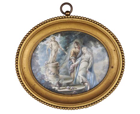 French School, mid 18th c - Young Woman at the Altar of Love, signed Couniol inv, gouache, oval, 77 x 96mm  Similar subjects 