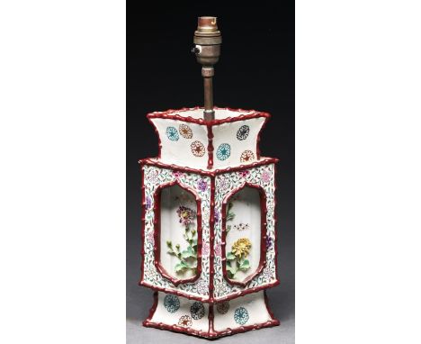 A Chinese famille rose lantern form vase, 19th/20th c, of lozenge section with raised bamboo borders and floral encrusted dec