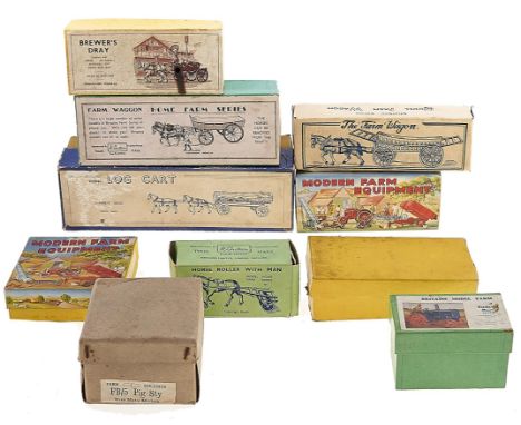 Ten William Britain's, Crescent Toys, Charbens and other model farm waggons, trailers, a log cart, pig sty and other models, 