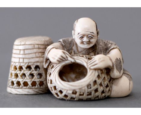 A Japanese ivory netsuke of a basket maker, Meiji period, 29mm h, signed Gyokuzan 