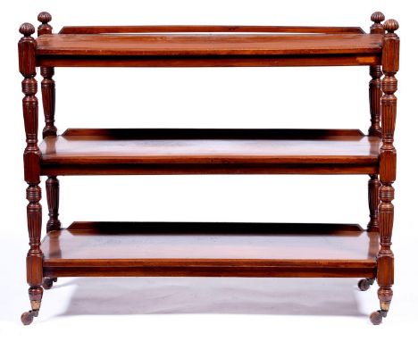A Victorian mahogany three tier dumb waiter, c1870, shallow upstand with three rectangular shelves with moulded lips, each sh