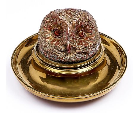 A brass and copper electrotype owl novelty inkwell, late 19th c, 20cm diam  Provenance: (by tradition) Jesse Boot, 1st Baron 