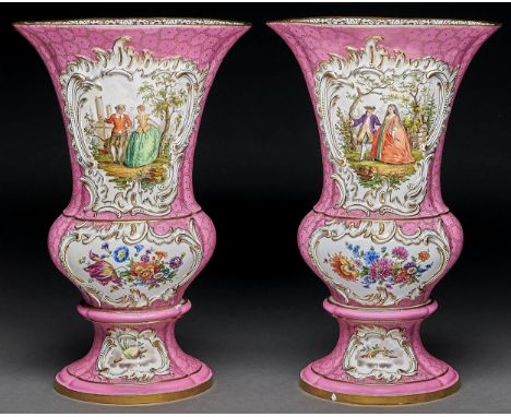 A pair of Meissen campana shaped vases, c1840, painted with panels of 18th c courtship or flowers in moulded gilt rococo fram