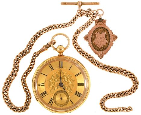 An 18ct gold lever watch, Samuel Sharpe, Retford, No 38783, with gold balance and engraved dial, engine turned case, 48mm, Lo