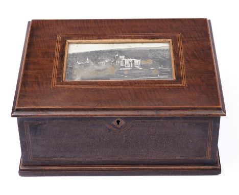 An Edwardian mahogany workbox, the lid inset with a sepia print of The Heath House, silk lined, 25cm l Condition ReportSlight