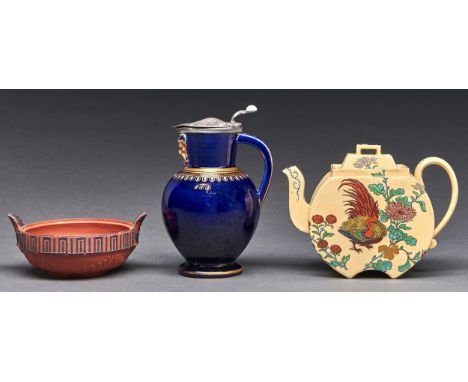 A Wedgwood rosso antico Egyptian sugar box, c1810-20, 14.5cm over handles, impressed mark, a pewter mounted Wedgwood blue and