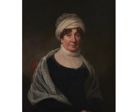 Michael Keeling (1750-1820) - Portrait of Margaret, Mrs Philips, half length in a dark dress and white fichu, seated in a red