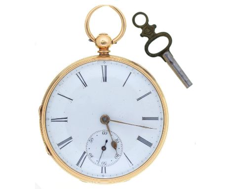 An English 18ct gold lever watch, with enamel dial, in engine turned case with milled band, 48mm, Chester 1855, 94g Condition