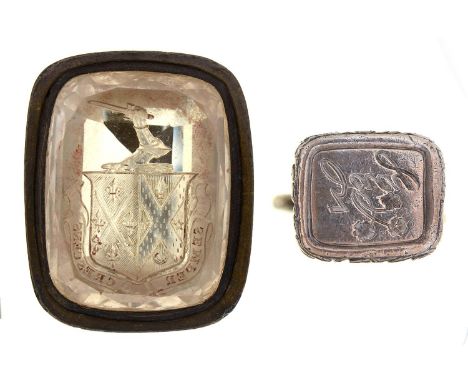 A silver fob seal, mid 19th c,&nbsp;engraved flower and zacy,&nbsp;28mm h, on a chased silver split ring and a Regency brass 