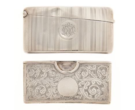 A George V silver card case, engine turned, 80mm l, by W Neale Ltd, Birmingham 1924 and another, engraved with leafy scrolls,