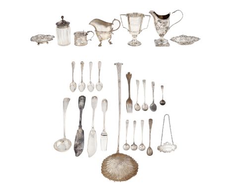 A George III silver soup ladle, Onslow pattern with shell bowl, by William and Robert Peaston, London 1763 and miscellaneous 