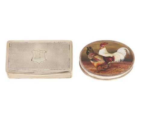 An oval silver and enamel snuff box, the lid painted with a cock and hen, 60mm, import marked, Hansford &amp; Ainsworth, Lond