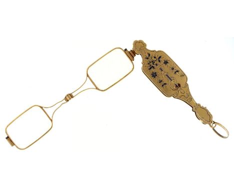 A French gold and blue enamel lorgnette, c1900, decorated with flowers, 88mm, maker's mark indistinct Condition ReportEnamel 