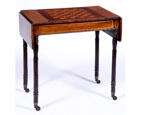 A Regency dropleaf rosewood and brass line inlaid games table, the inlaid satinwood veneered interior for backgammon, beneath