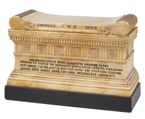 An Italian marmo giallo siena model of the Tomb of Scipio, Rome, c1840,&nbsp;the cover detachable revealing three oval or hem