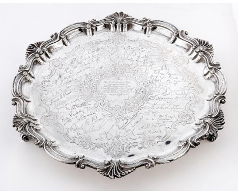 An Edwardian silver salver, in rococo style with engraved cartouche inscribed To E R Bowyer Esq in Appreciation of his Chairm