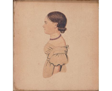 English naive artist, 19th c - Portrait Miniatures of Young Girls, a pair, bust length in profile, watercolour on card, 11 x 