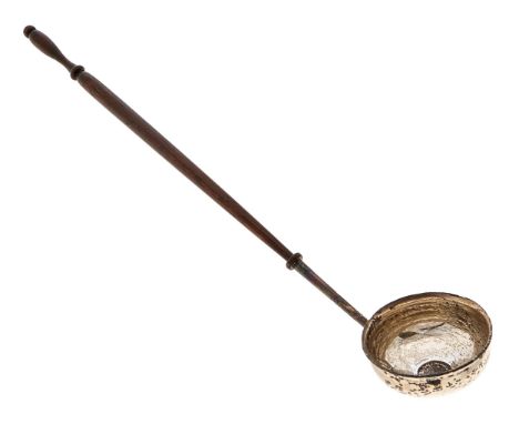 A silver punch ladle, the bowl inset with a Charles II threepence, turned mahogany handle, 33cm l Condition ReportMinor dents