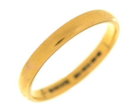 A 22ct gold wedding ring, marks obscured, 4.9g, size H Condition ReportWear consistent with age, engraved with names inside b