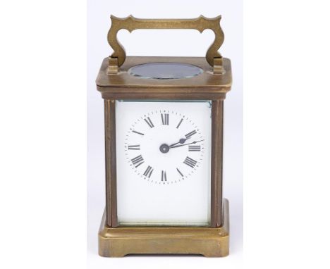 A French brass carriage timepiece, early 20th c,&nbsp;key, 11cm h excluding handle, stamped lion trademark, leather case Cond
