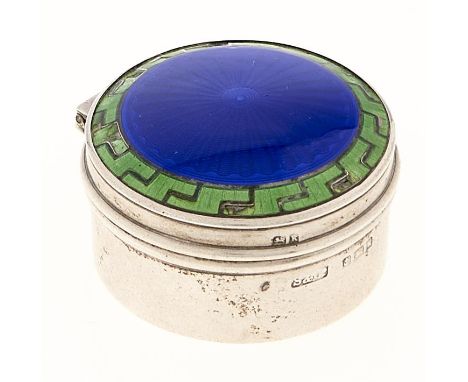 An Edwardian silver and blue and green guilloche enamel cosmetic pot, 45mm diam, by Spurrier &amp; Co, Birmingham 1909, 17dwt