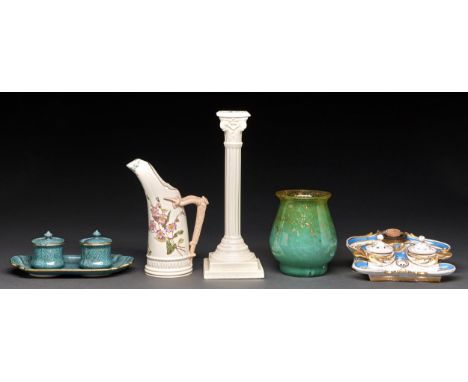 A French porcelain inkstand, c1870, painted with swags in bleu celeste and gilt border, 20cm l, a Booths earthenware 'shagree