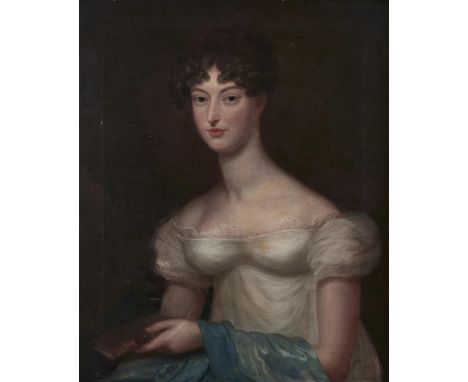 English School, early 19th c - Portrait of Ann Philips, half length in a white dress holding a book, a blue wrap over her lef