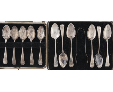A set of six George IV silver teaspoons, Old English pattern, by William Seaman, London 1824, a set of five silver coffee spo