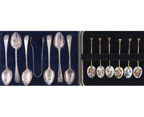 A set of six Elizabeth II silver gilt and floral painted guilloche enamel coffee spoons, by H C Davis, Birmingham 1952 and an