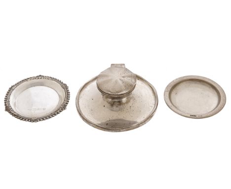 A George V silver capstan inkwell, 11cm diam, by A &amp; J Zimmerman, Birmingham 1922, loaded and two silver pin trays, 2ozs 