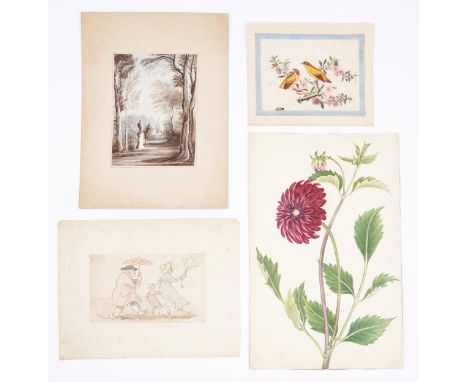 Miscellaneous English School watercolours and decorative prints, early and later 19th c and several Chinese rice paper pictur