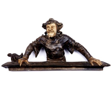 A painted terracotta jester figural wall applique attributed to Goldscheider, Vienna, c1900,&nbsp; 35cm h, unmarked Condition