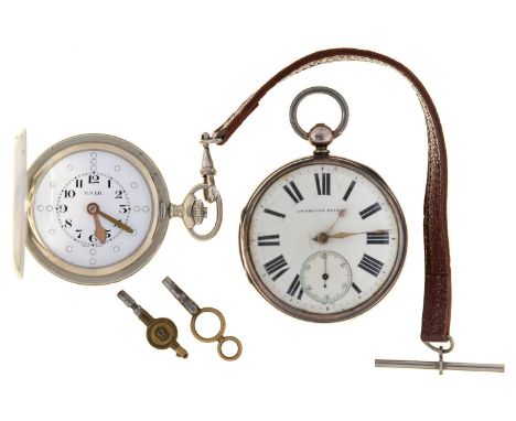 An English silver lever watch, in engine turned case, 55mm, London 1874 and an R.N.I.B. keyless lever nickel plated hunting c