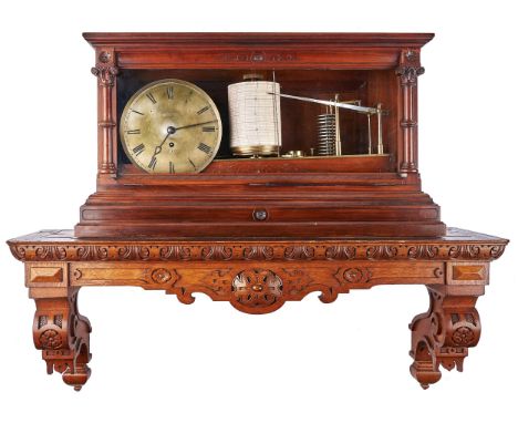 A rare Victorian walnut self-recording aneroid barometer, L Casella London, c1880, the timepiece with chain fusee movement wi