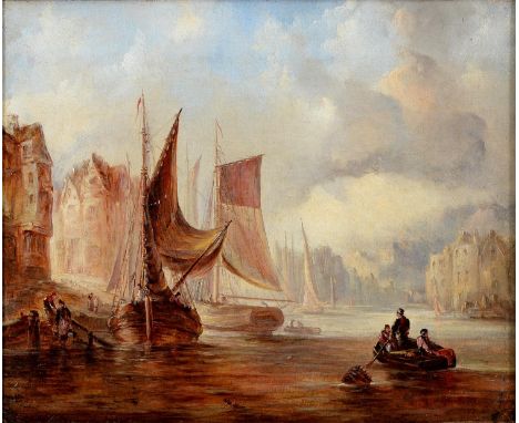 &nbsp;Abraham Hulk Snr (1813-1897) - River Scene in a Continental Town,&nbsp; signed and dated 1878,&nbsp;oil on canvas, 24.5