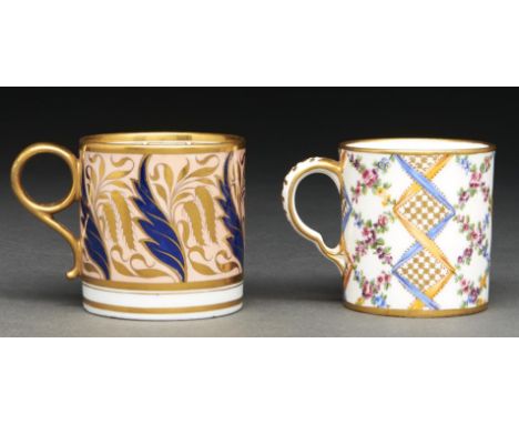 A Sevres coffee can, c1765-75,&nbsp;finely painted and gilt trellis flower trails with blue and fawn ribbons, 59mm h, incised