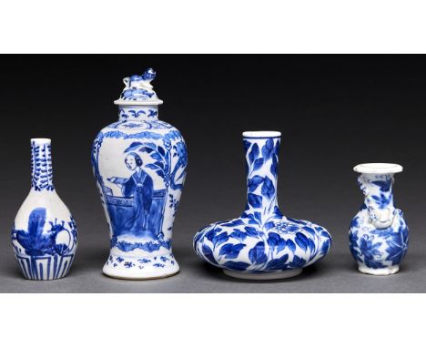 A Chinese blue and white vase, late 19th / early 20th c, painted to either side with a woman beneath plantain flanked by upri