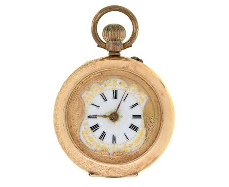 A Swiss gold and enamel keyless cylinder lady's watch, c1900, the enamel dial with shield shaped mask, the back engraved and 