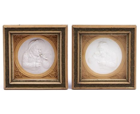 A pair of plaster reliefs of a snuff taker and pipe smoker, 19th c, after Teniers, 15.5 x 15.5cm, framed Condition ReportExte