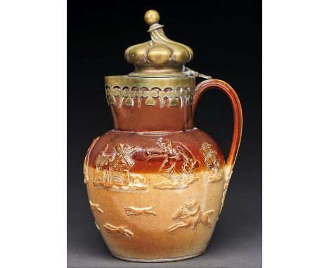 A Doulton saltglazed brown stoneware hunting jug, 19th c, the spirally lobed brass lid engraved Presented by H H Scharrer to 