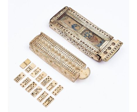 Two Napoleonic prisoner of war work bone domino boxes with sliding lid, early 19th c, the cover of one pierced for cribbage, 