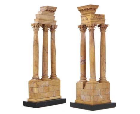 A pair of Italian marmo giallo siena models of the Temples of Castor and Pollux and the Temple of Vespasian, Rome, c1840, on 
