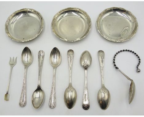 Set of six silver teaspoons by Mappin &amp; Webb Sheffield 1916 reg no 56702, caddy spoon by Marius Hammer Bergen, three coas