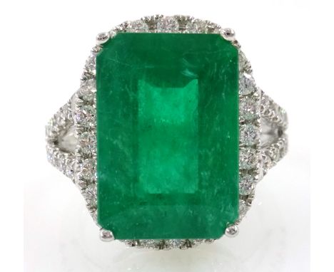 18ct white gold Zambian emerald and diamond cluster ring stamped 750 emerald approx 6.8 carat  Condition Report Size KClick h