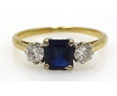 Three stone diamond and sapphire gold (tested 18ct) ring   Condition Report  Approx 2.8gm, size R - S Click here for further 