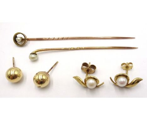 Pair of gold pearl stud ear-rings hallmarked 9ct, two gold pearl stick pins (tested 9ct) and pair of 9ct gold stud ear-rings 