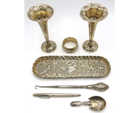 George III caddy spoon by John Bettridge 1817, Edwardian silver pin tray, pair posy vases, napkin ring, button hook and a sil