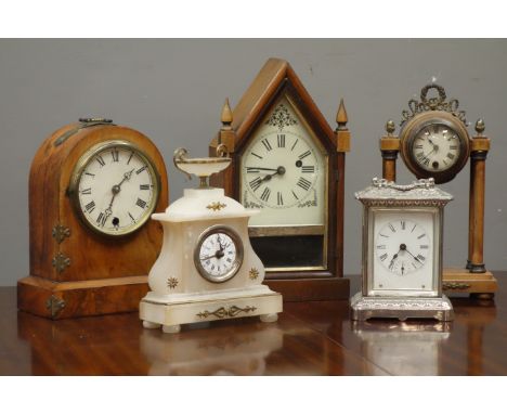 Early 20th century walnut cased dome top mantel clock, 'Ansoina' polished metal alarm clock, 20th century walnut cased portic